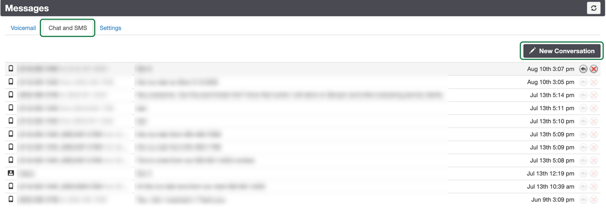 The Chat and SMS tab in the Voice Portal, with the New Conversation button at the top right