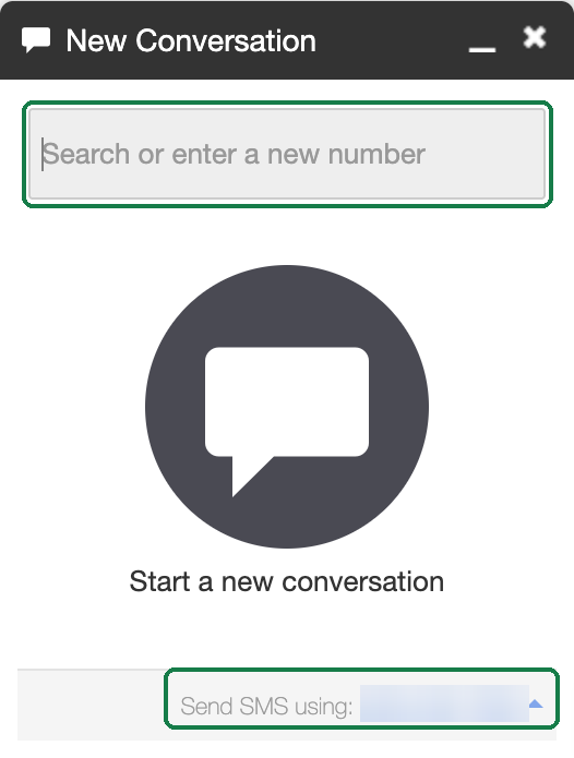 The New Conversation window, with the number box at the top and Send SMS using at the bottom
